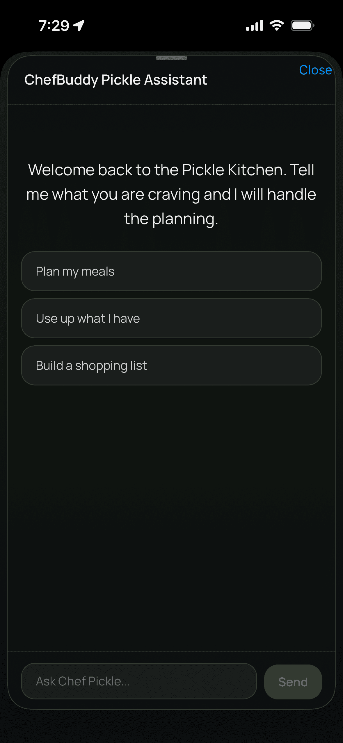 Chef Pickle, the Chef Buddy AI assistant, answering a cooking question in a chat conversation.