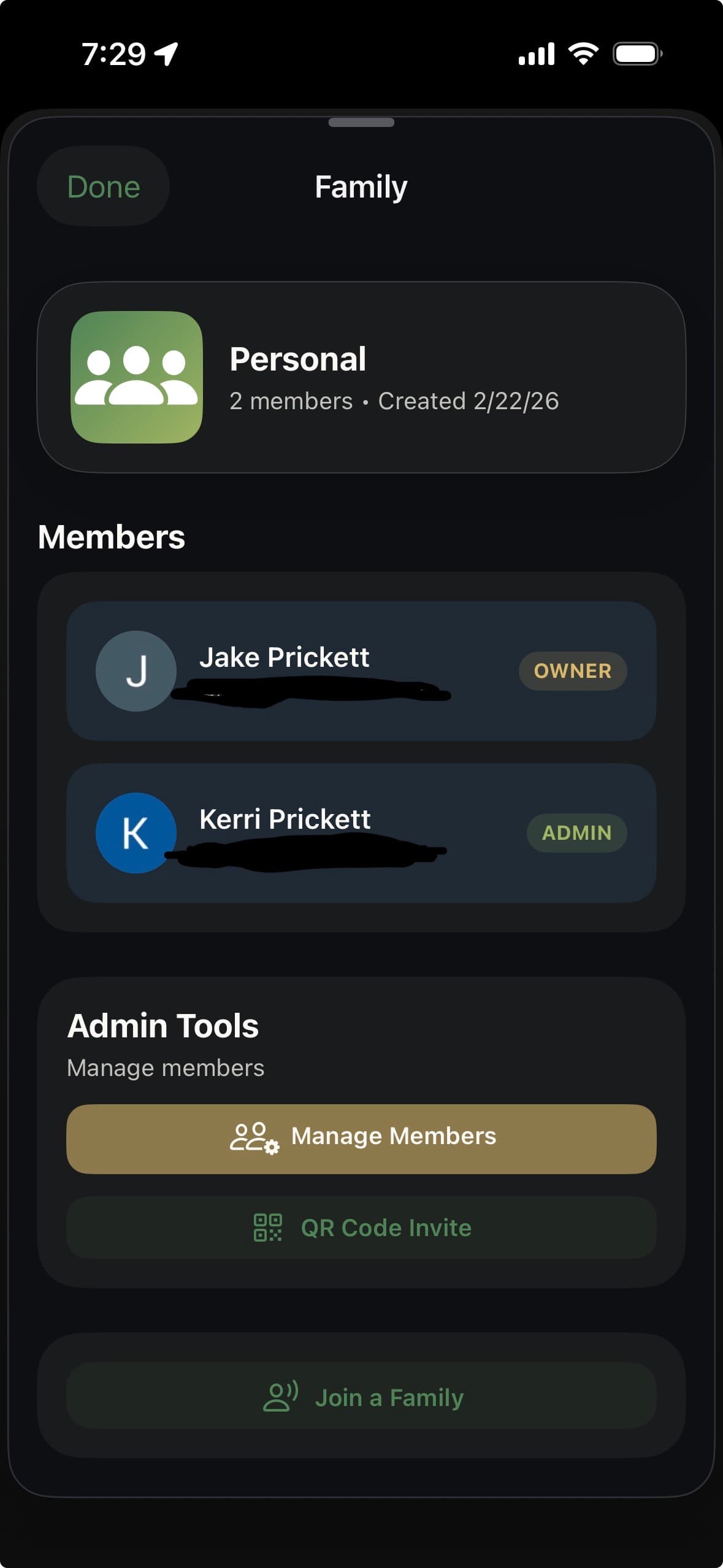 Chef Buddy family screen showing household members and options to invite by QR code or Nearby.