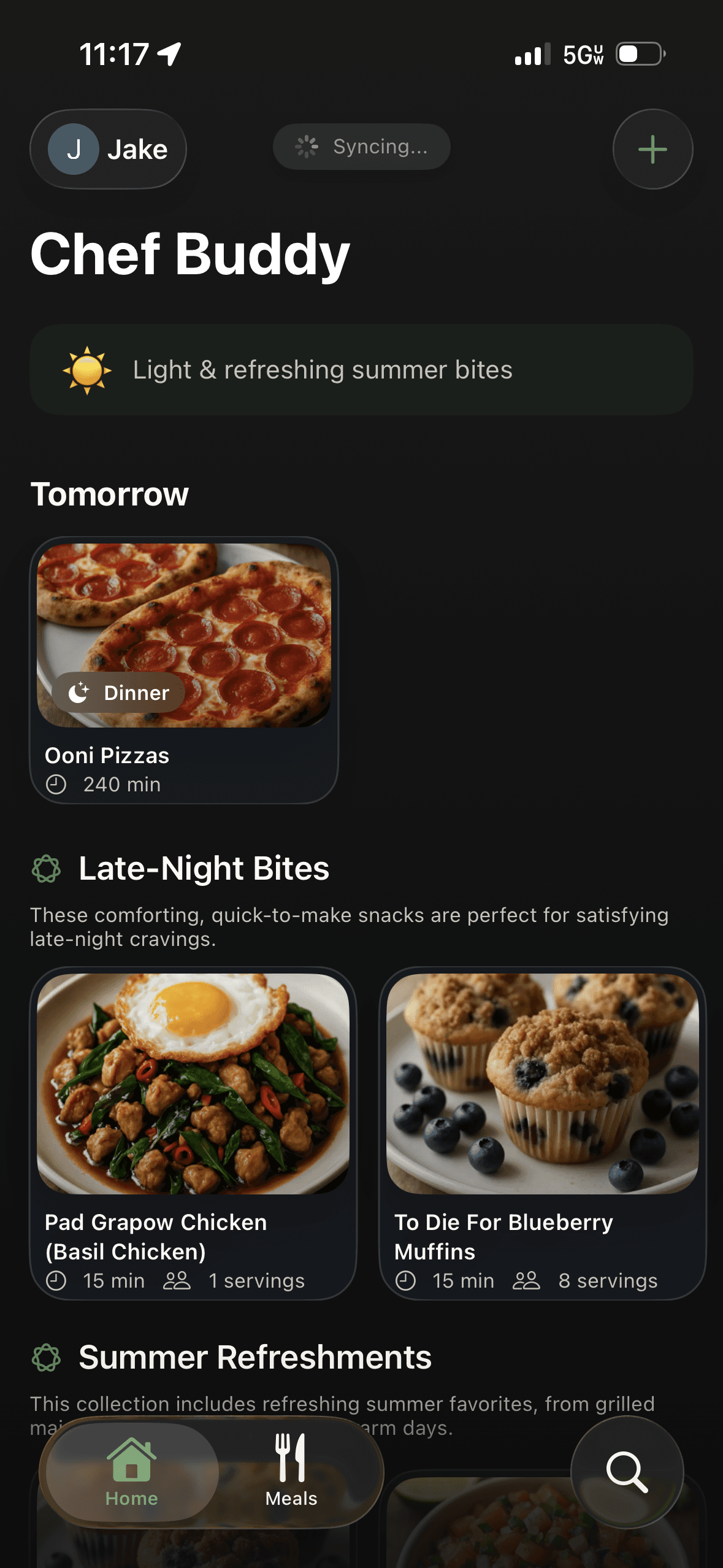 Chef Buddy home screen with a personalized greeting, tomorrow's planned dinner, and AI-curated recipe collections.