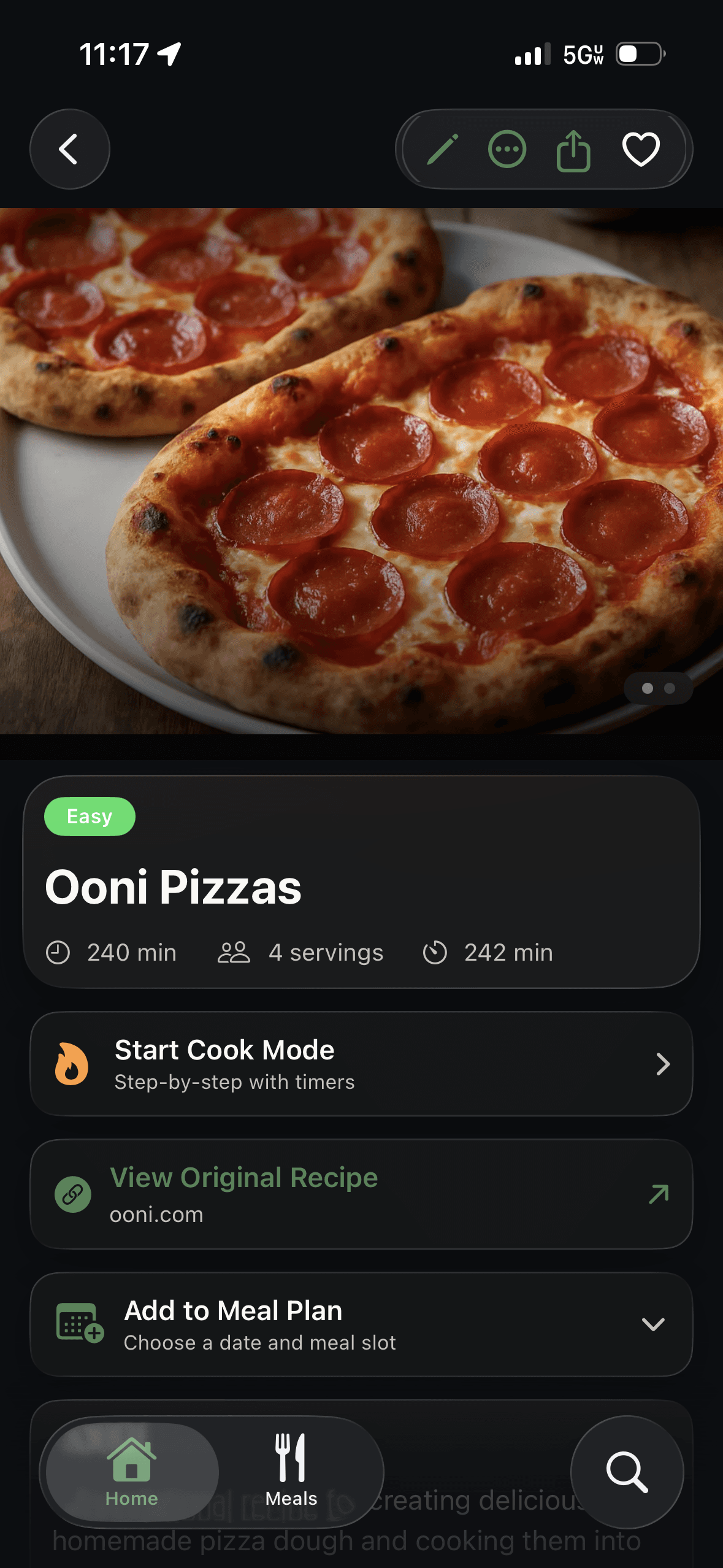 Chef Buddy recipe detail for a pizza recipe showing time, servings, difficulty, Start Cook Mode, the original source, and Add to Meal Plan.