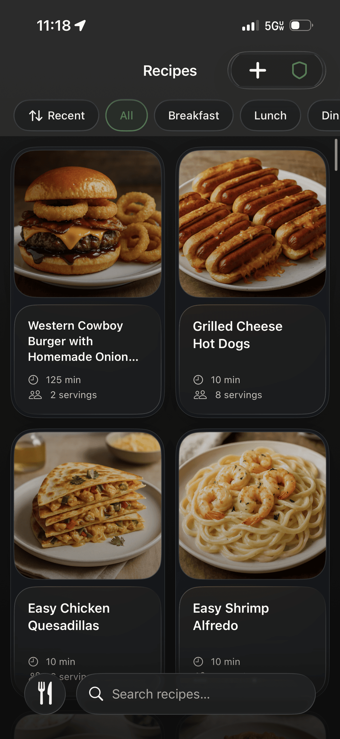 Chef Buddy recipe library showing a grid of recipe cards with category filters for Breakfast, Lunch, and Dinner.